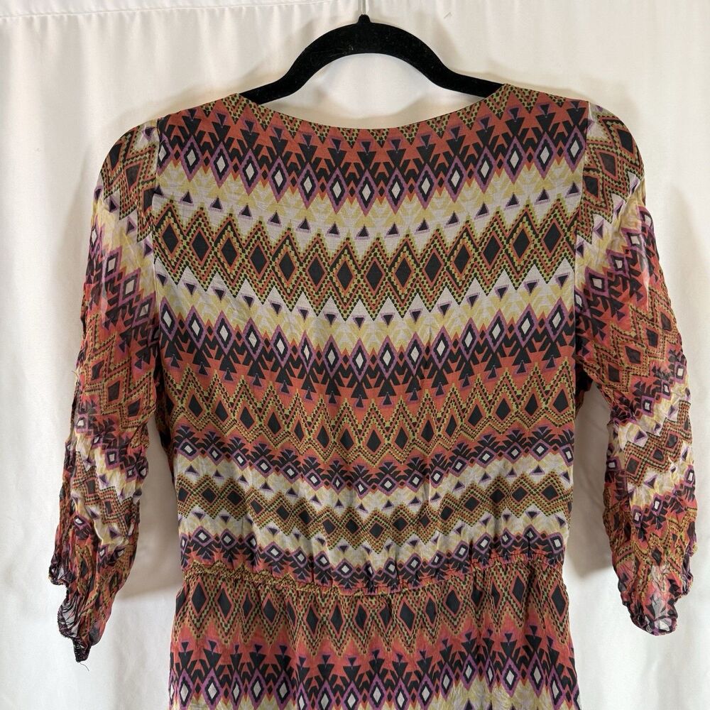 Glam Silk Dress Women's Small Brown Multicolor Vneck Semi Sheer Pullover Light - Picture 10 of 11